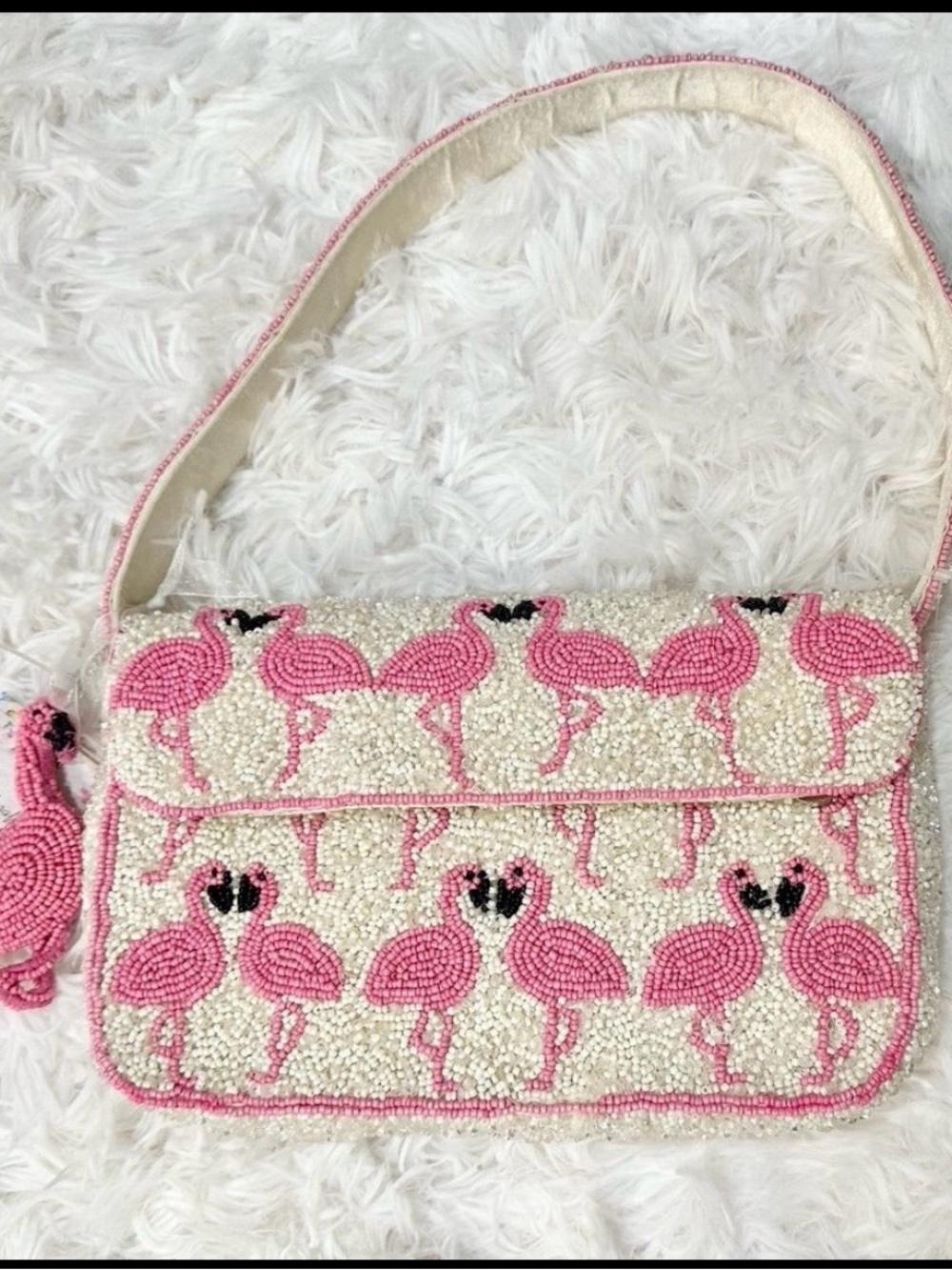 Pink Beaded Flamingo Shoulder Bag with Cream Beadwork